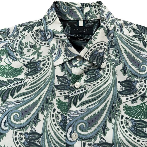 Ted Baker London Shirt Mens Size 3 Medium Short Sleeve Lyocell Paisley Green - Picture 2 of 6